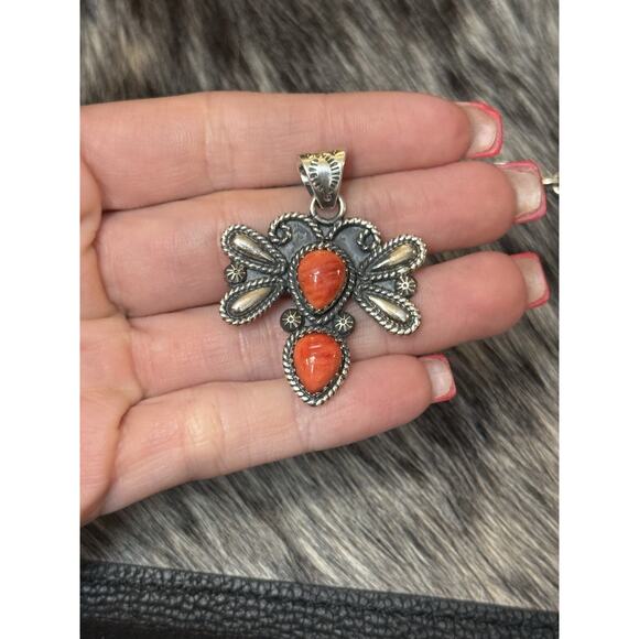 Native Sw 925 Sterling Silver Red Spiny Oyster Double Stone Dragonfly Pendant